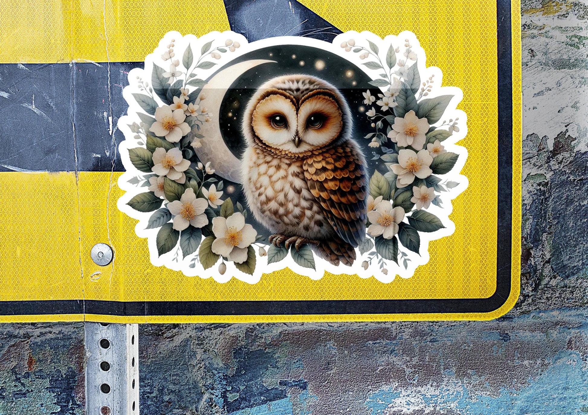 a sticker of an owl with flowers on it