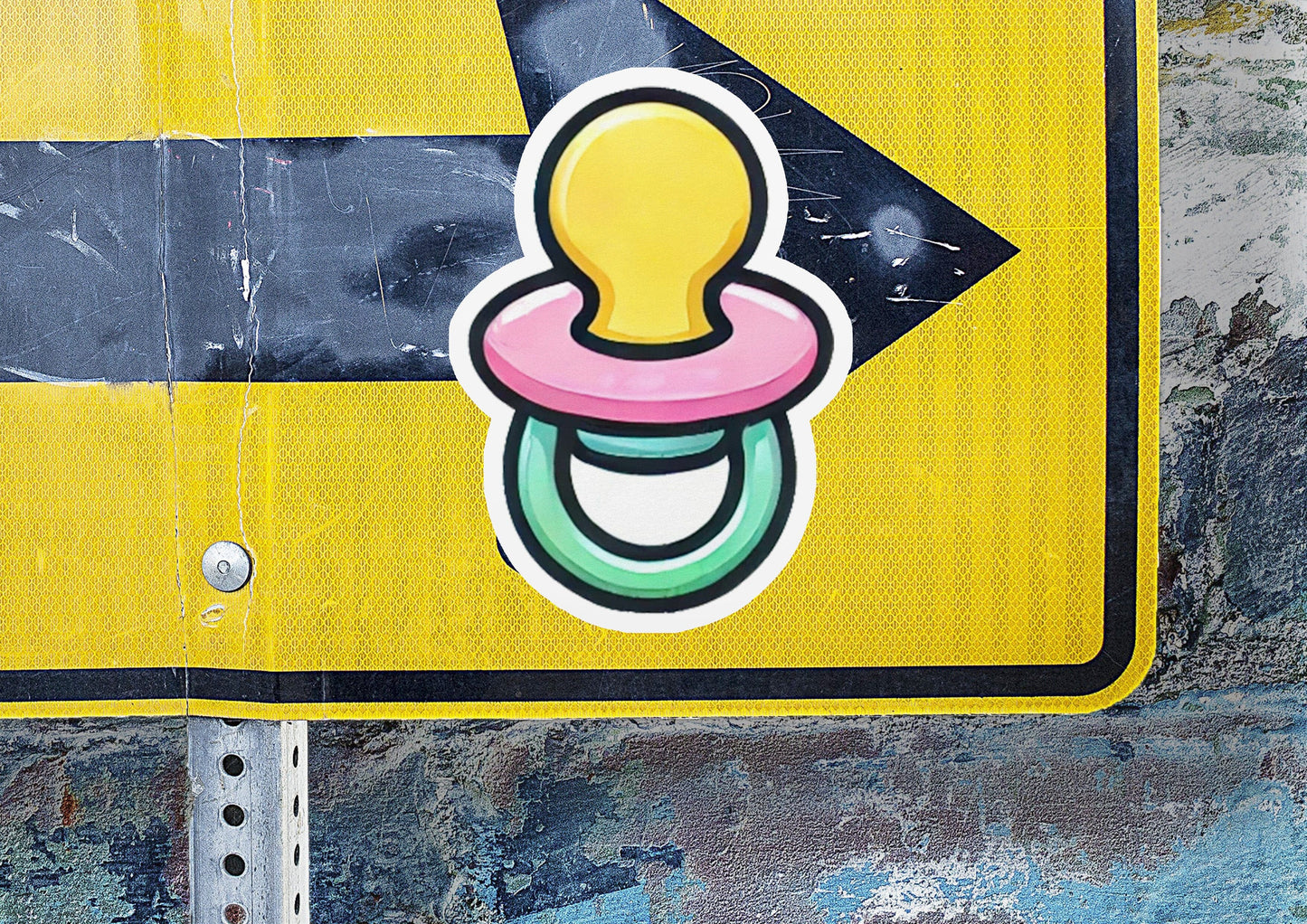 a street sign with a pacifier sticker on it