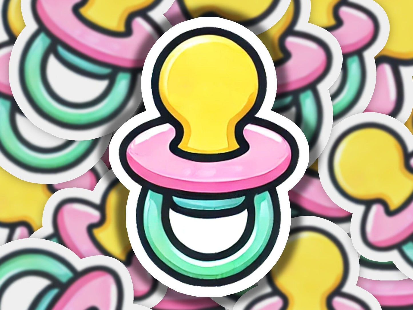 a sticker of a pacifier surrounded by other stickers