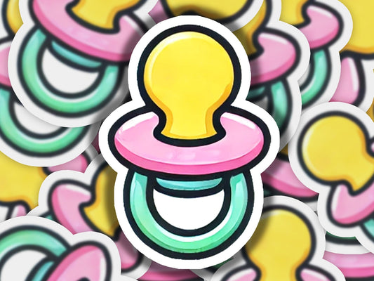 a sticker of a pacifier surrounded by other stickers
