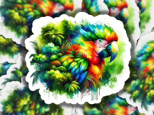 a painting of a colorful parrot surrounded by trees