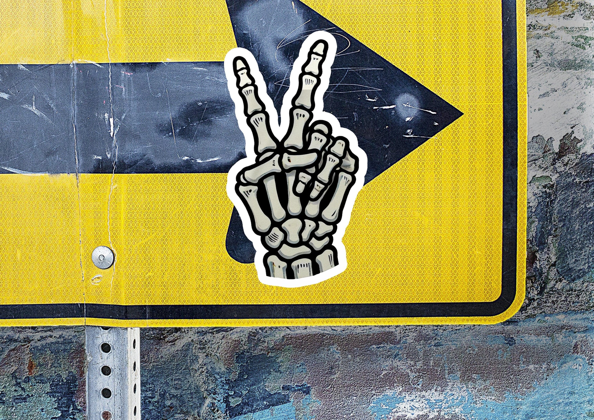 a yellow and black sign with a peace sign painted on it