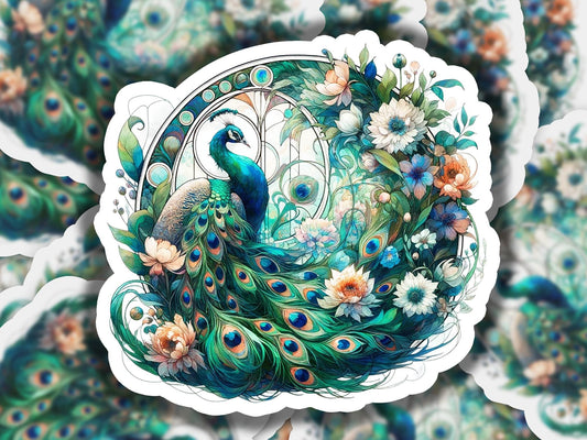 a sticker of a peacock surrounded by flowers