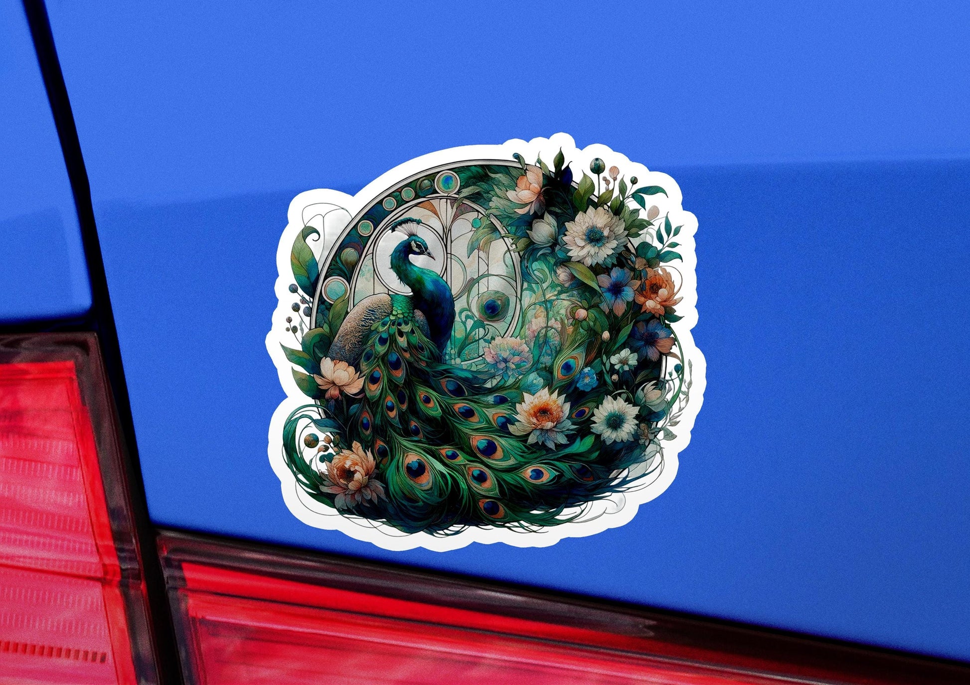a sticker of a peacock with flowers on it