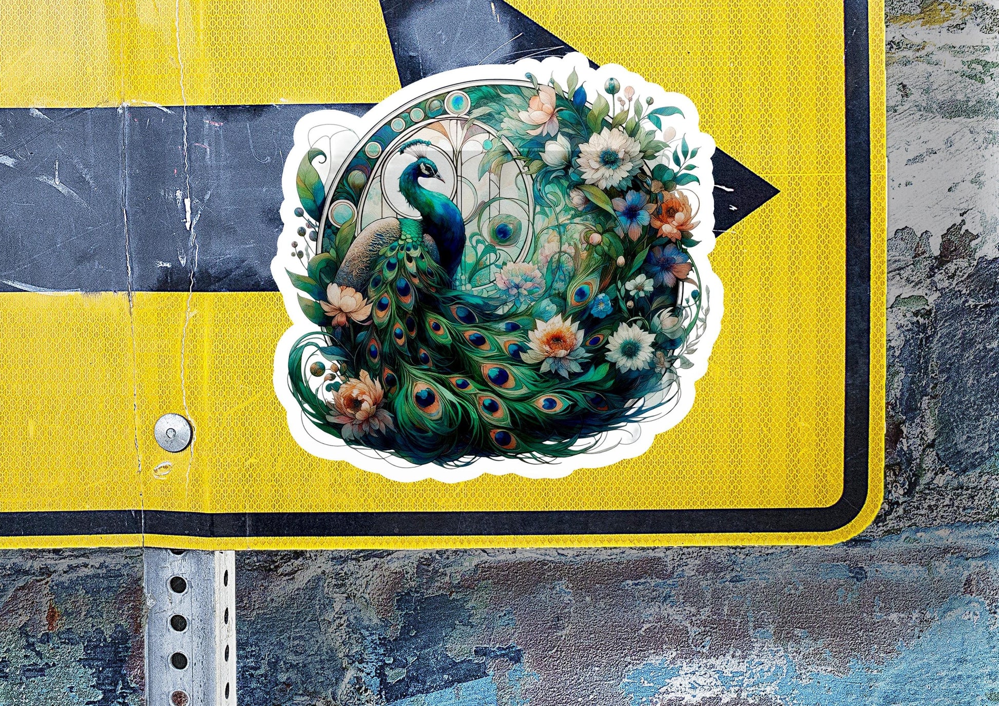 a close up of a street sign with a peacock on it