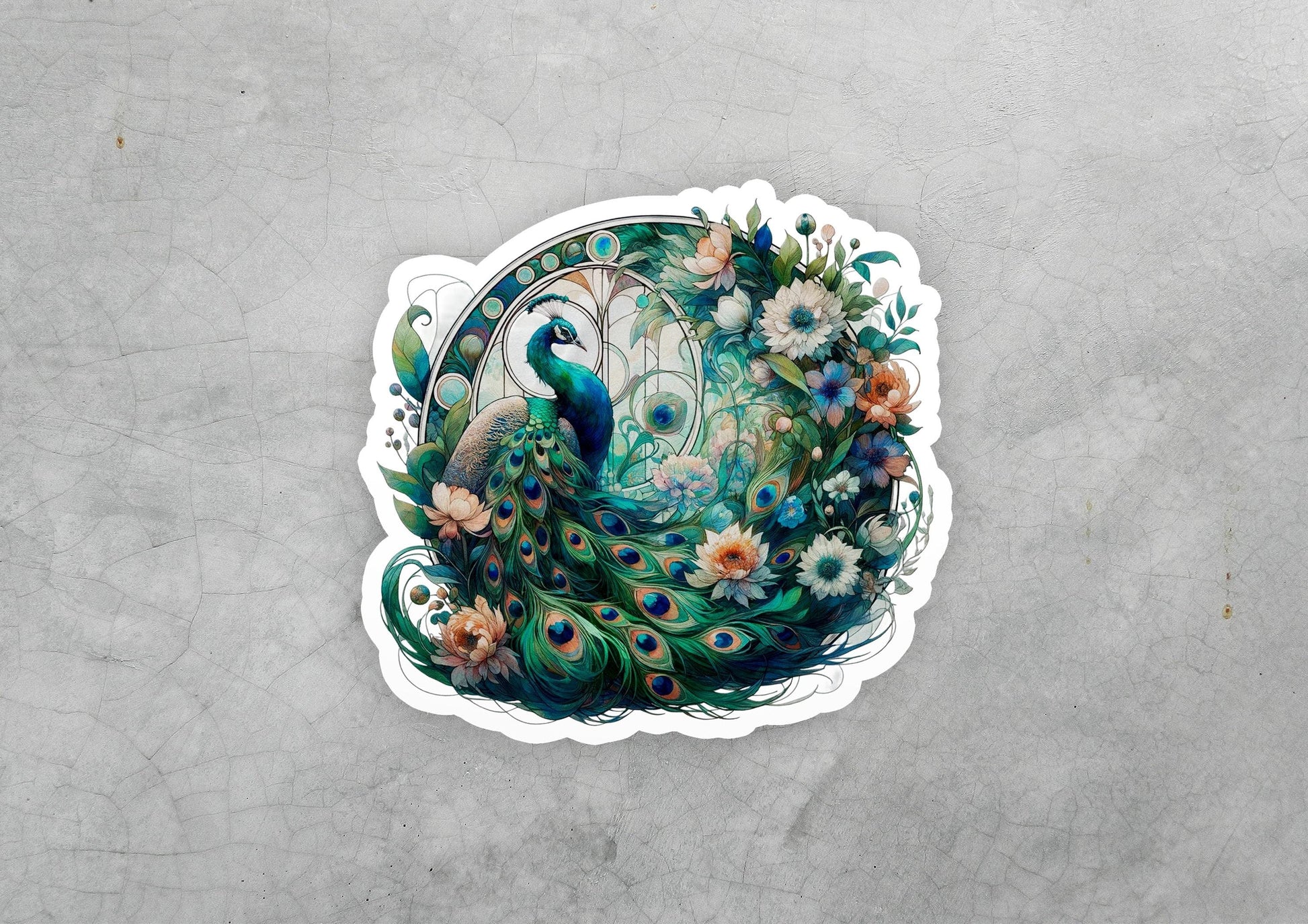 a sticker with a picture of a peacock and flowers