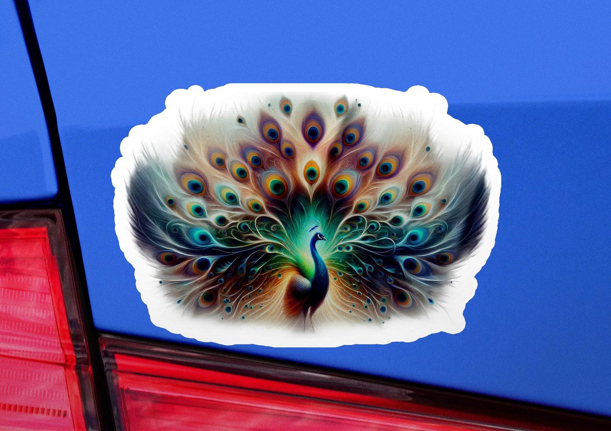 a sticker of a peacock on the back of a car