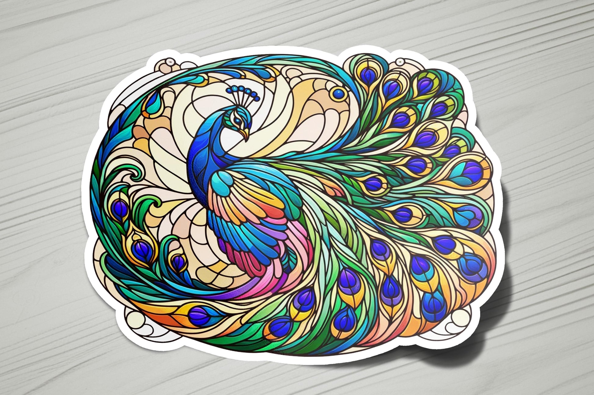 a sticker of a colorful peacock on a table