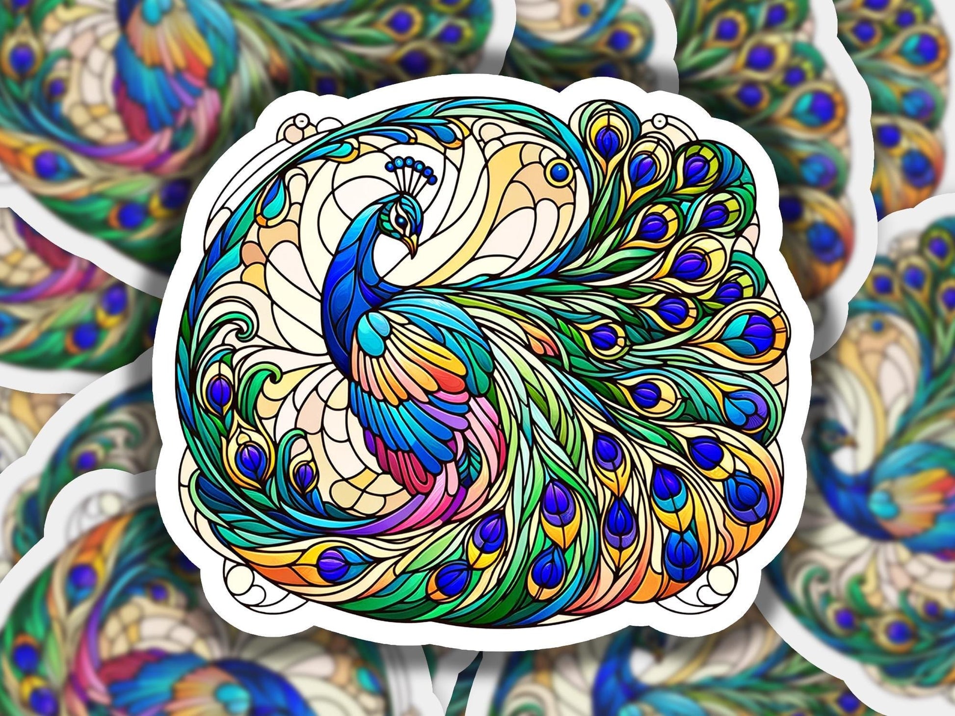 a sticker of a colorful peacock on a white background