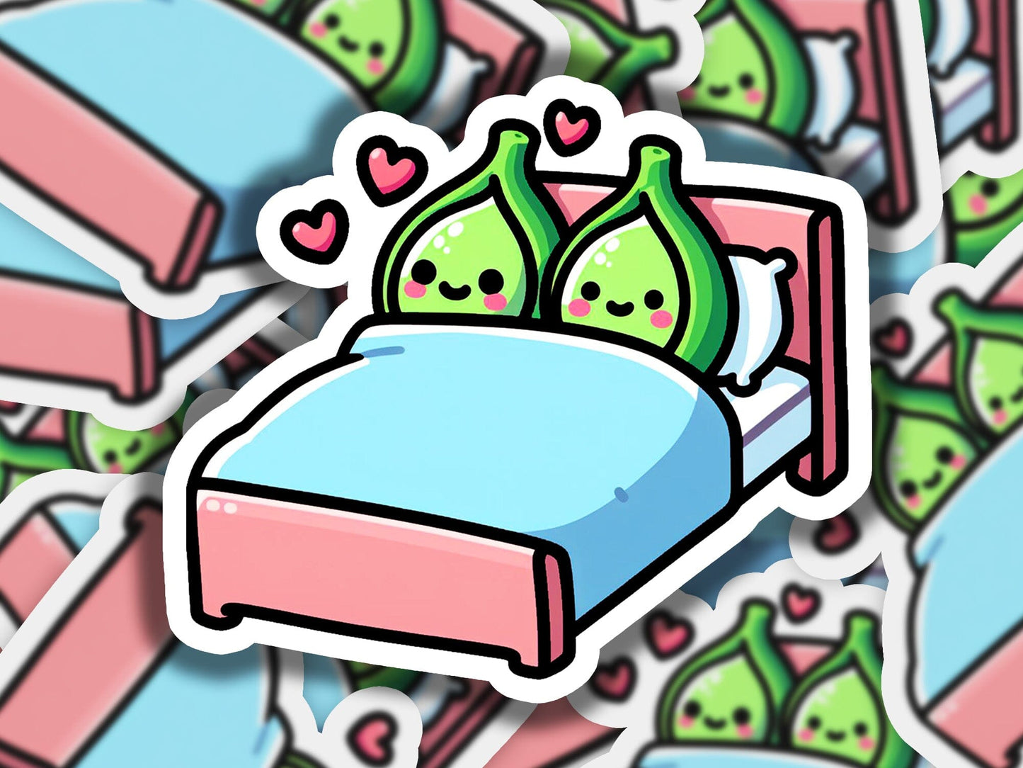a sticker of a bed with two green pillows