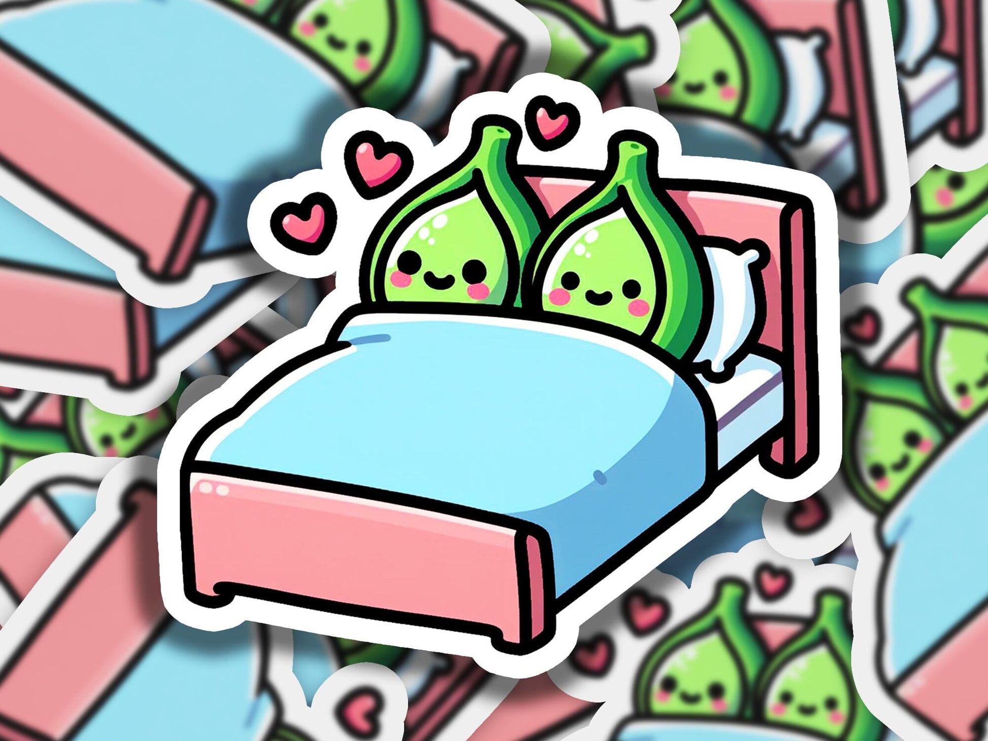 a sticker of a bed with two green pillows