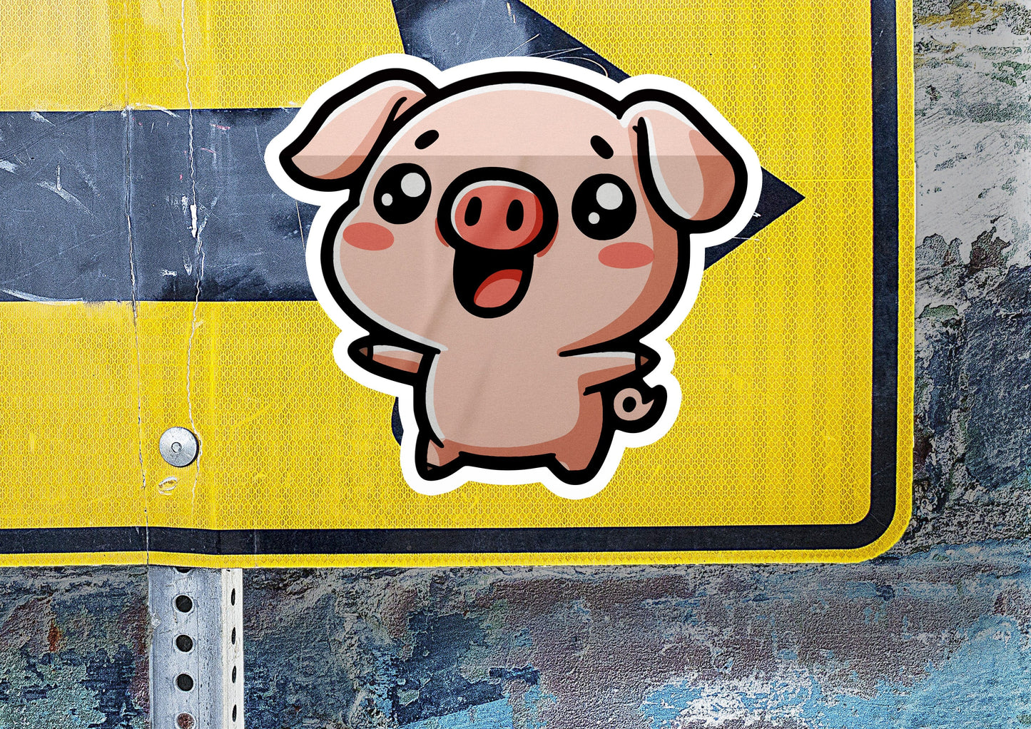 a sticker of a pig sticking out of a sign