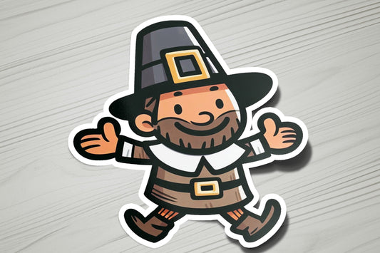 a sticker of a man with a hat and a beard
