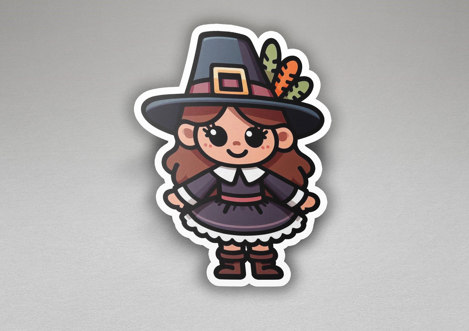 a sticker of a little girl wearing a witches hat