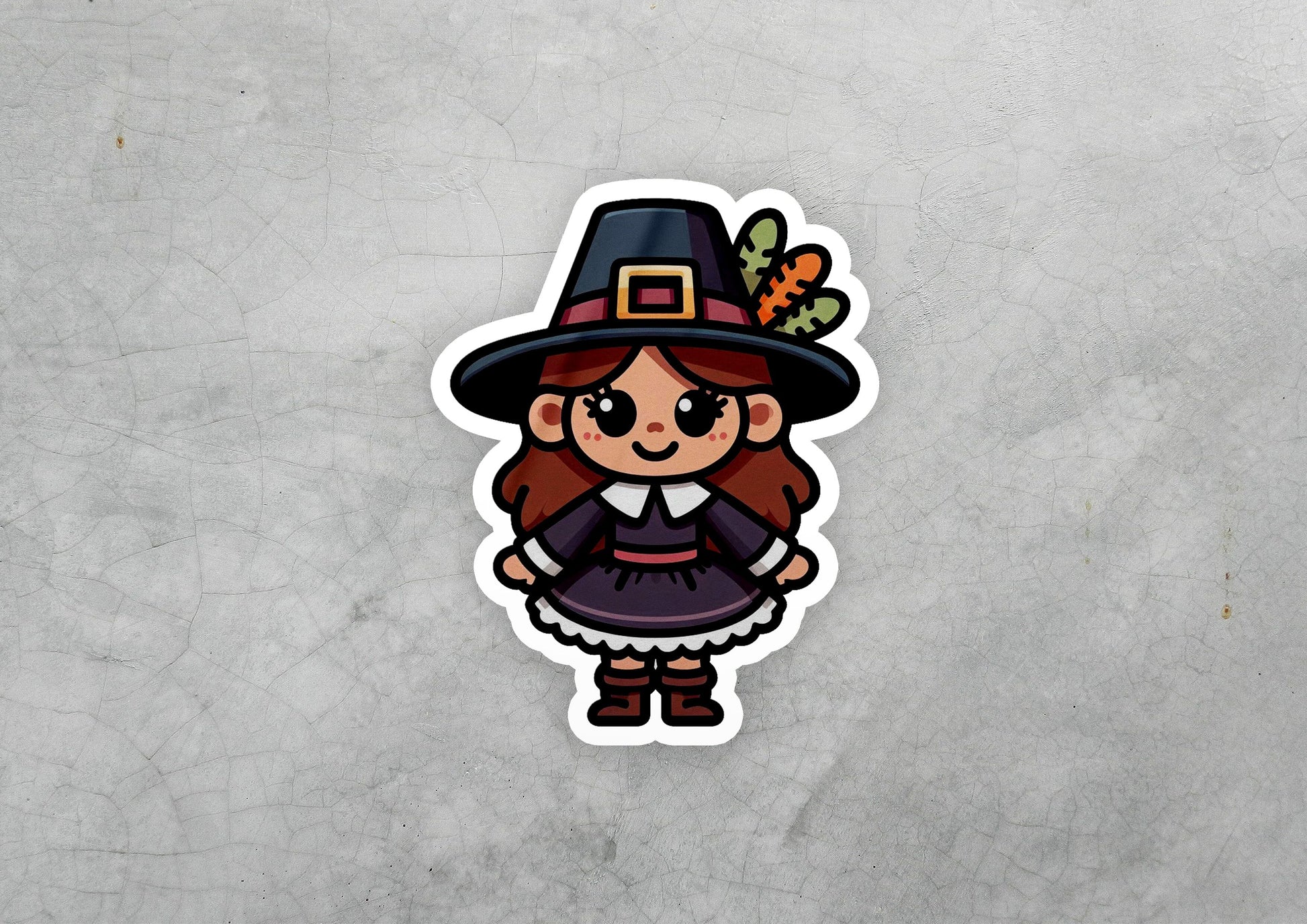 a sticker of a little girl wearing a witches hat