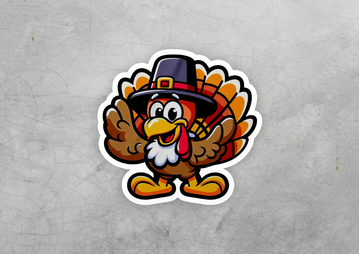 a sticker of a turkey wearing a pilgrim hat