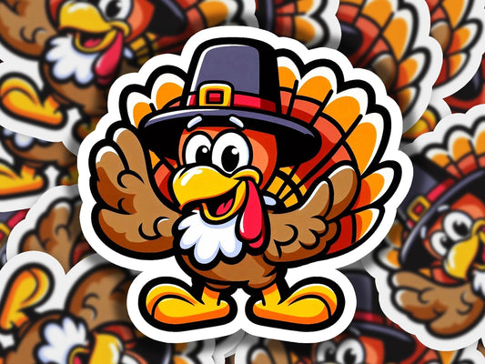 a sticker of a turkey wearing a pilgrim hat