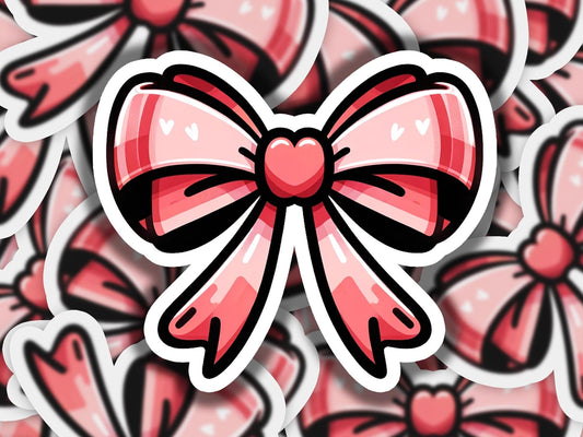a sticker of a pink bow with hearts on it