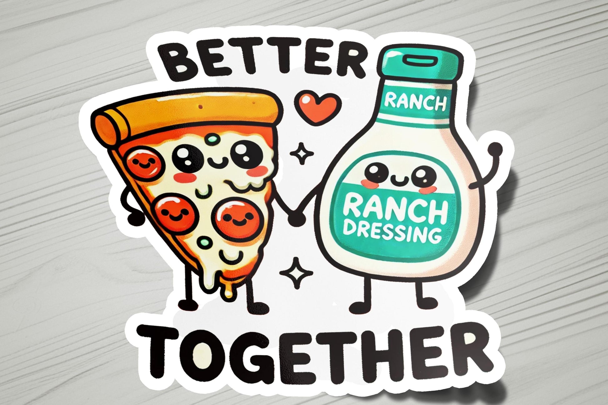 a sticker with a bottle of ranch dressing next to a slice of pizza