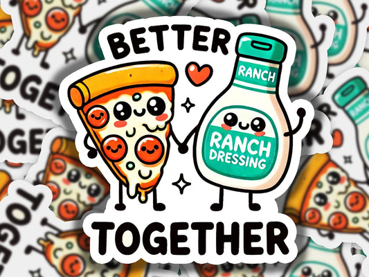 a sticker of a bottle of ranch dressing next to a slice of pizza