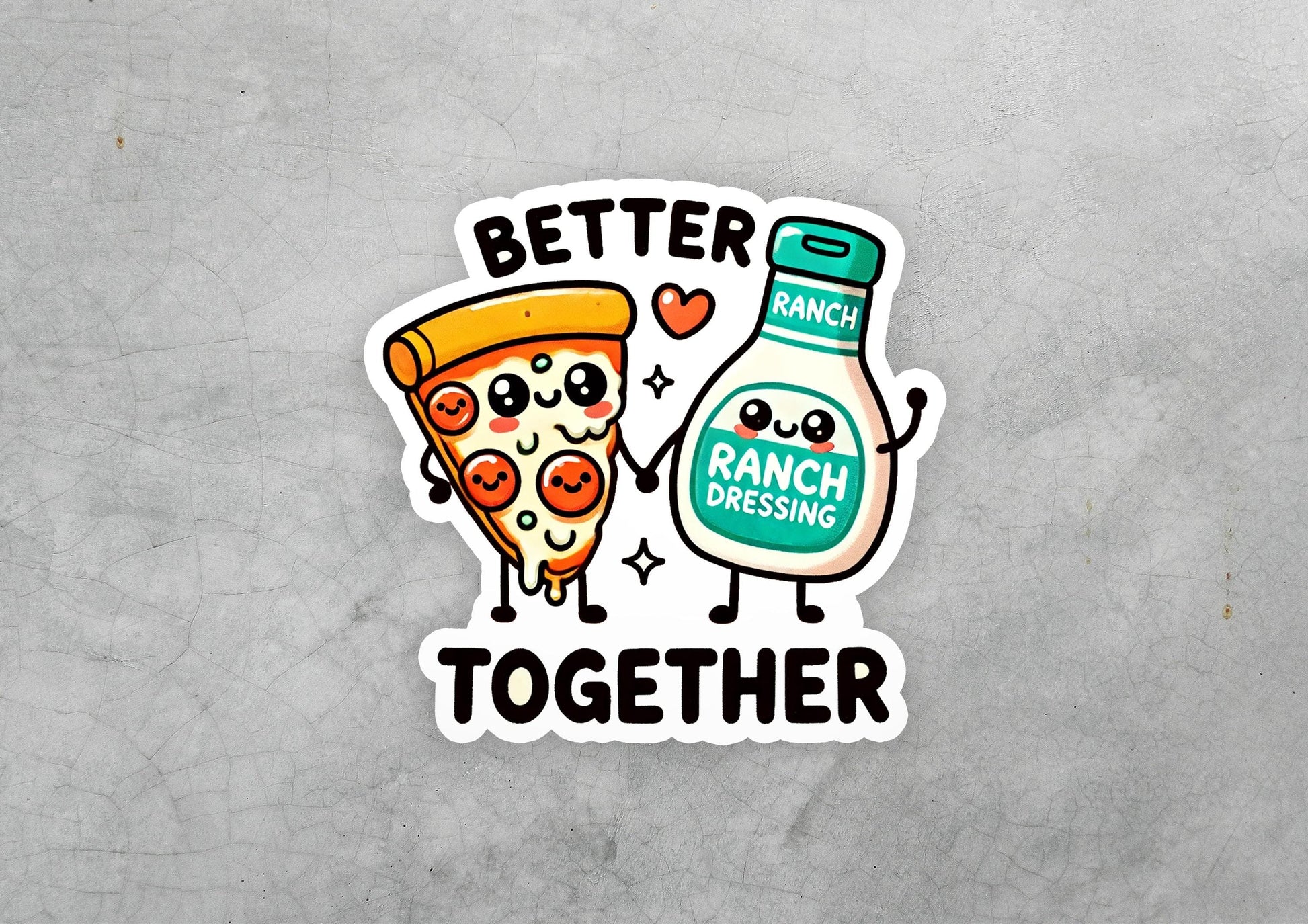 a sticker of a bottle of ranch dressing and a slice of pizza
