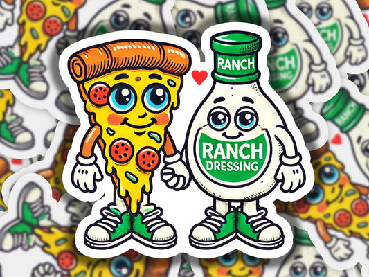 a sticker of a cartoon character holding a bottle of ranch dressing
