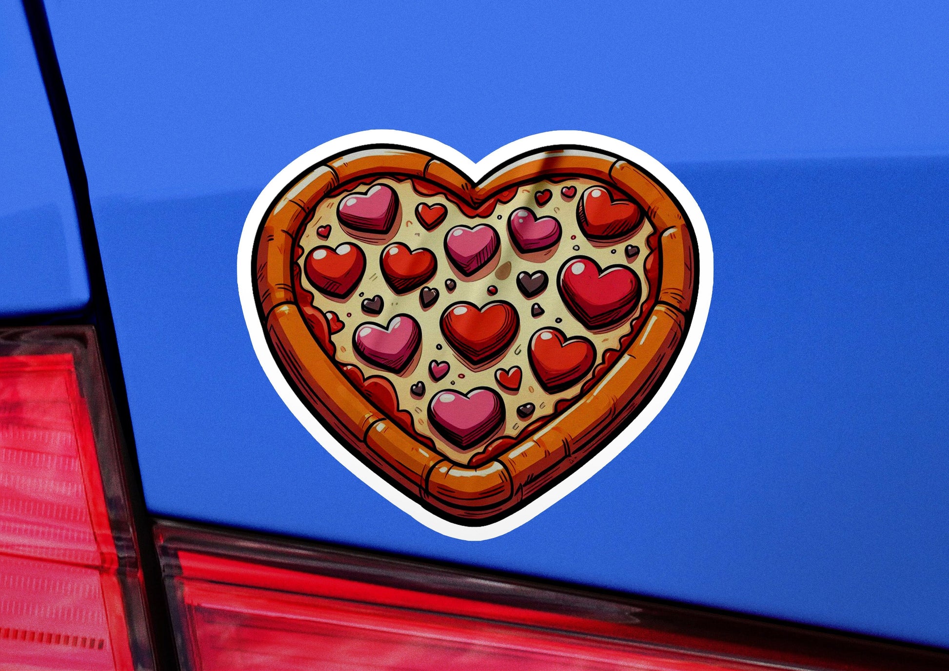 a heart shaped pizza sticker on the back of a car
