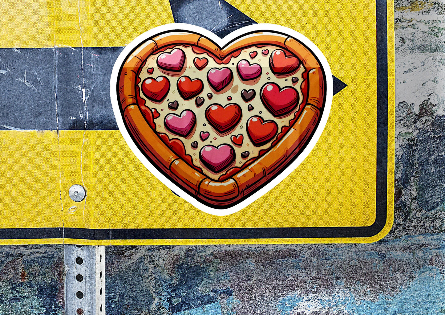 a street sign with a heart shaped pizza on it