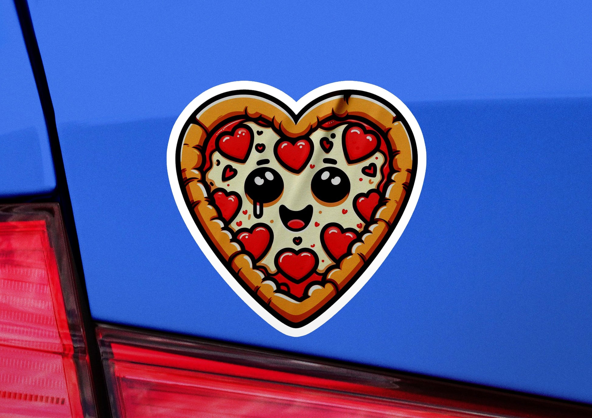 a heart shaped pizza sticker on the back of a car
