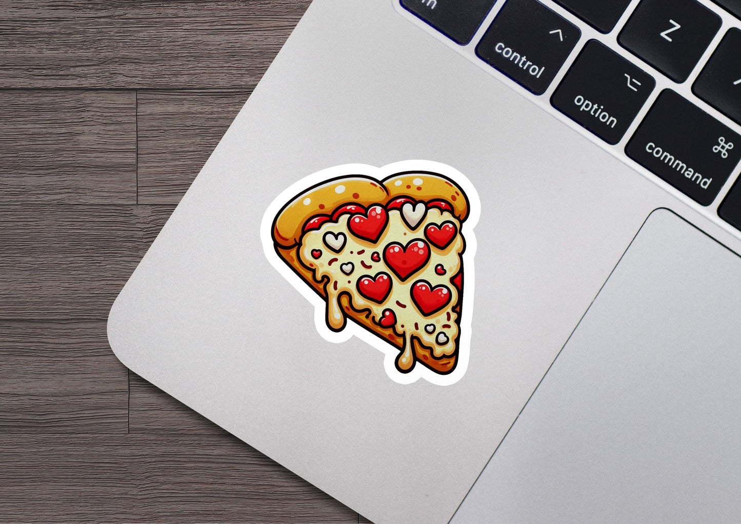 a sticker of a slice of pizza with hearts on it