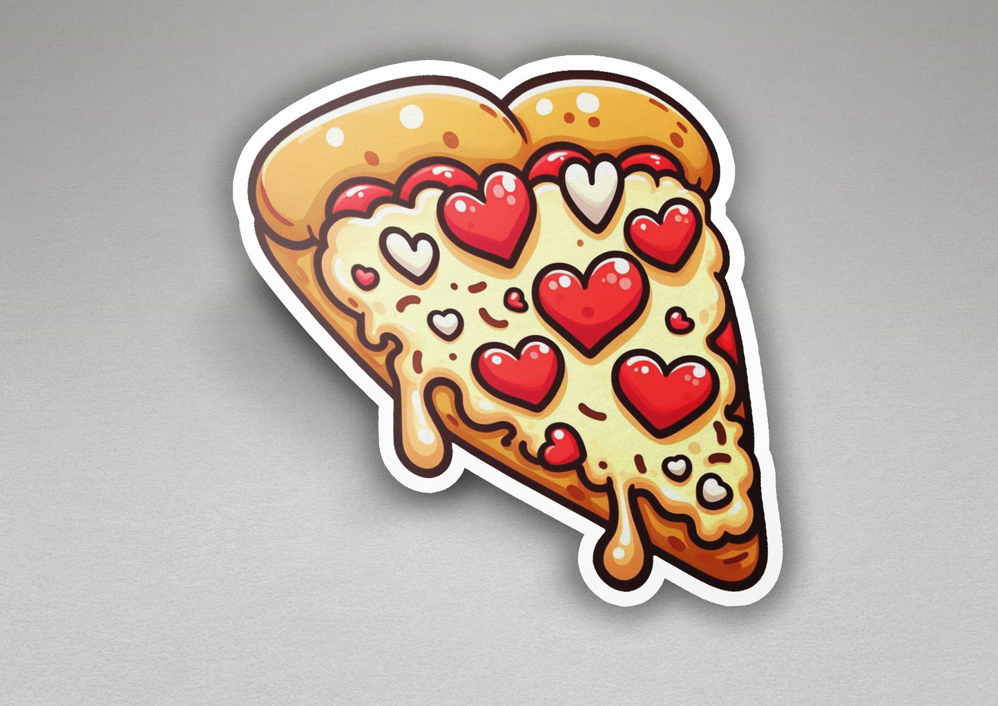 a sticker of a slice of pizza with hearts on it