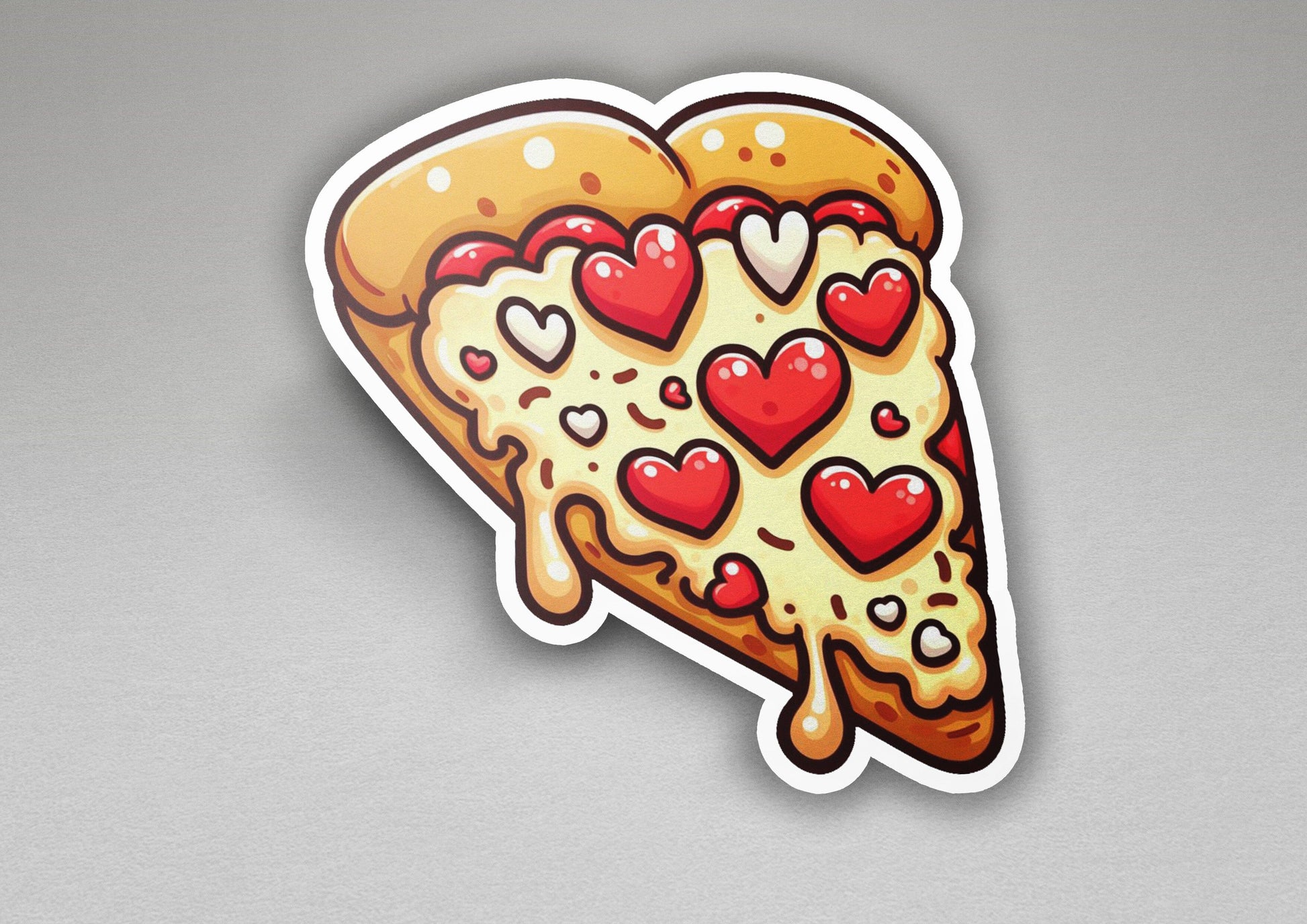 a sticker of a slice of pizza with hearts on it