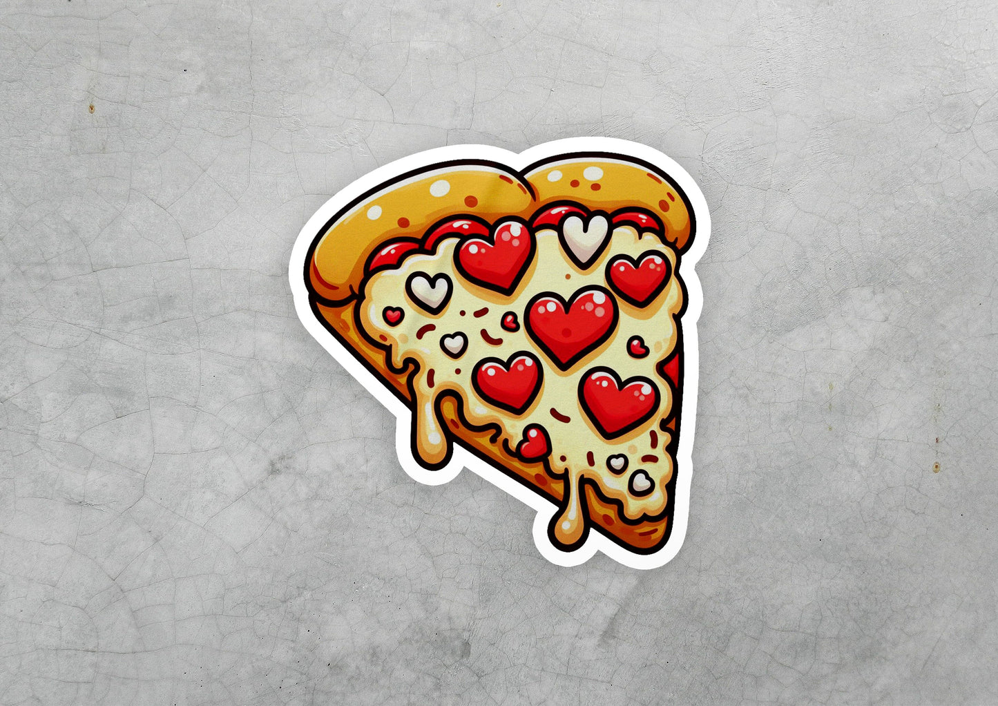 a sticker of a slice of pizza with hearts on it