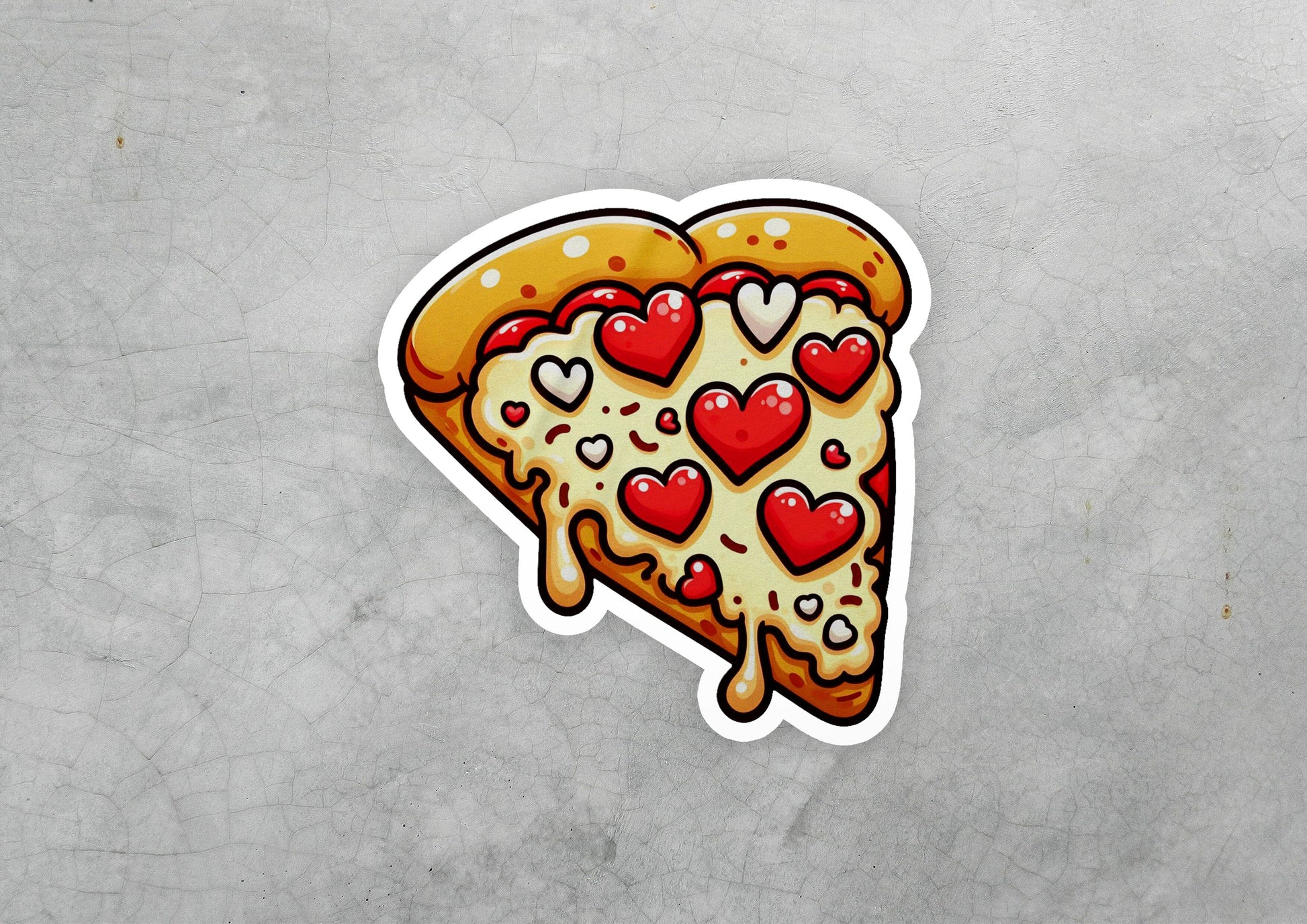 a sticker of a slice of pizza with hearts on it