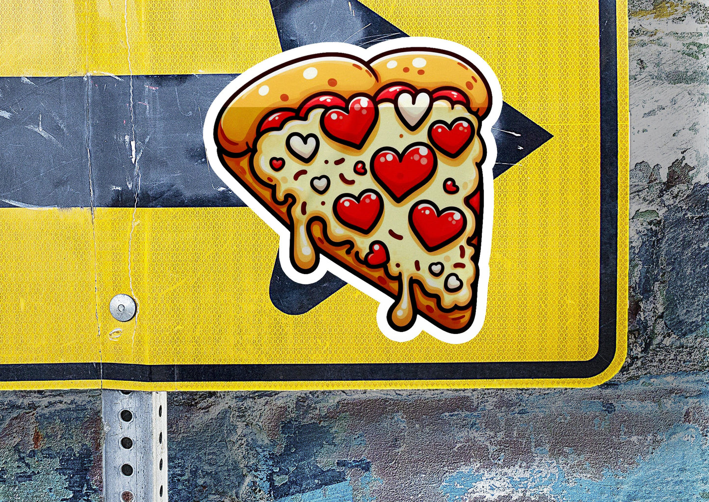 a sticker of a pizza with hearts on it
