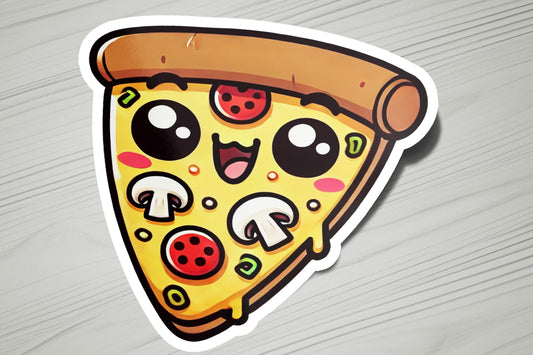 a sticker of a slice of pizza on a table