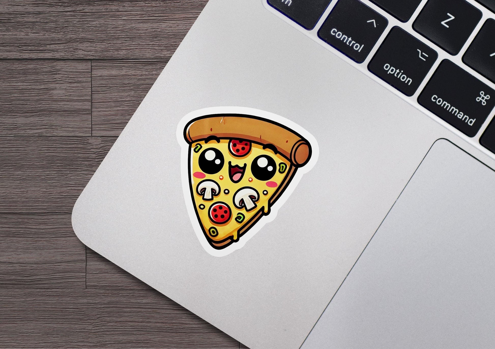 a laptop with a sticker of a slice of pizza on it