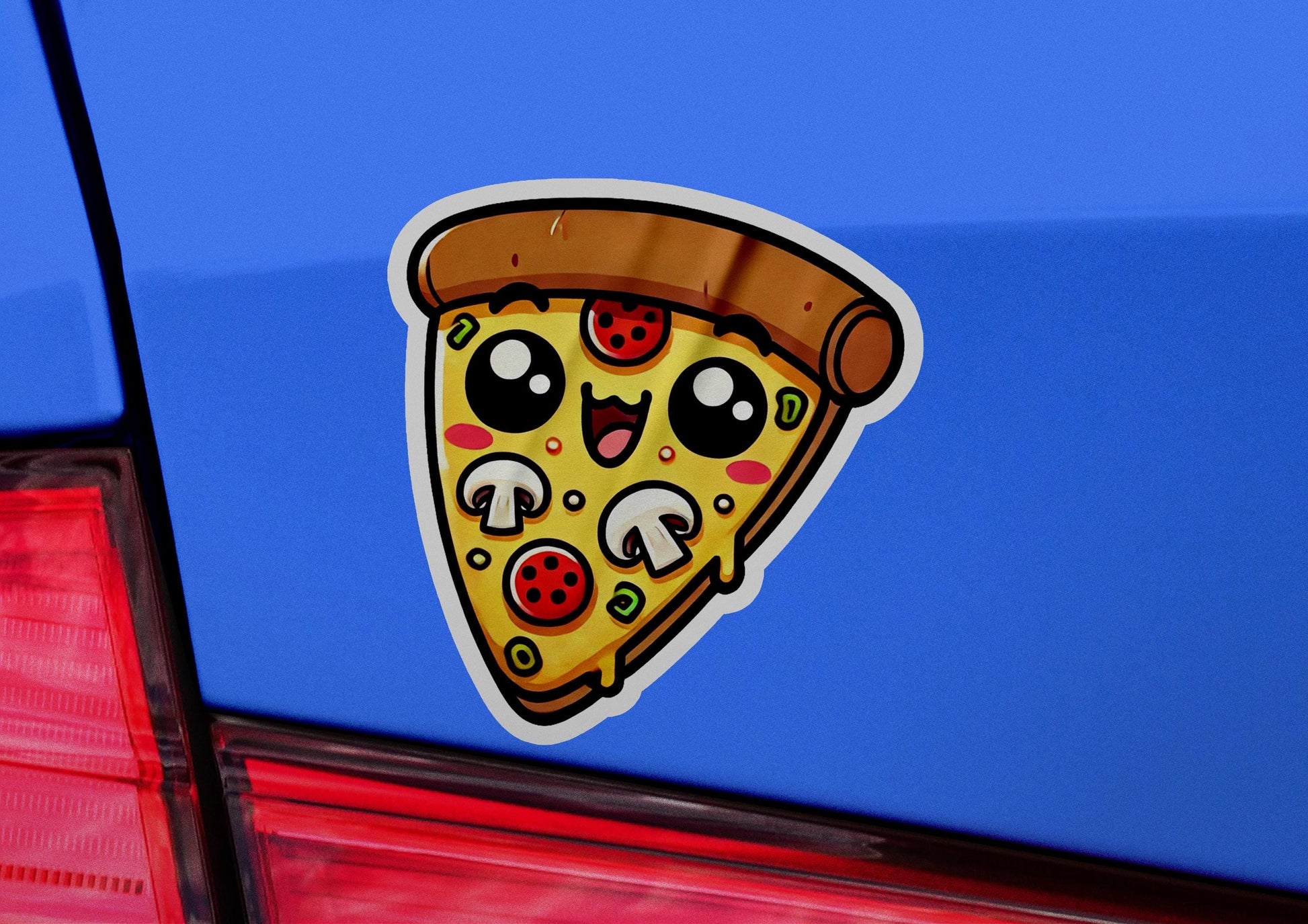 a sticker of a slice of pizza on the back of a car