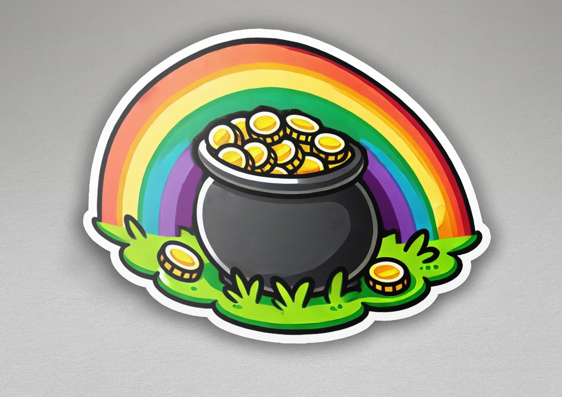 a sticker with a pot of gold coins in front of a rainbow