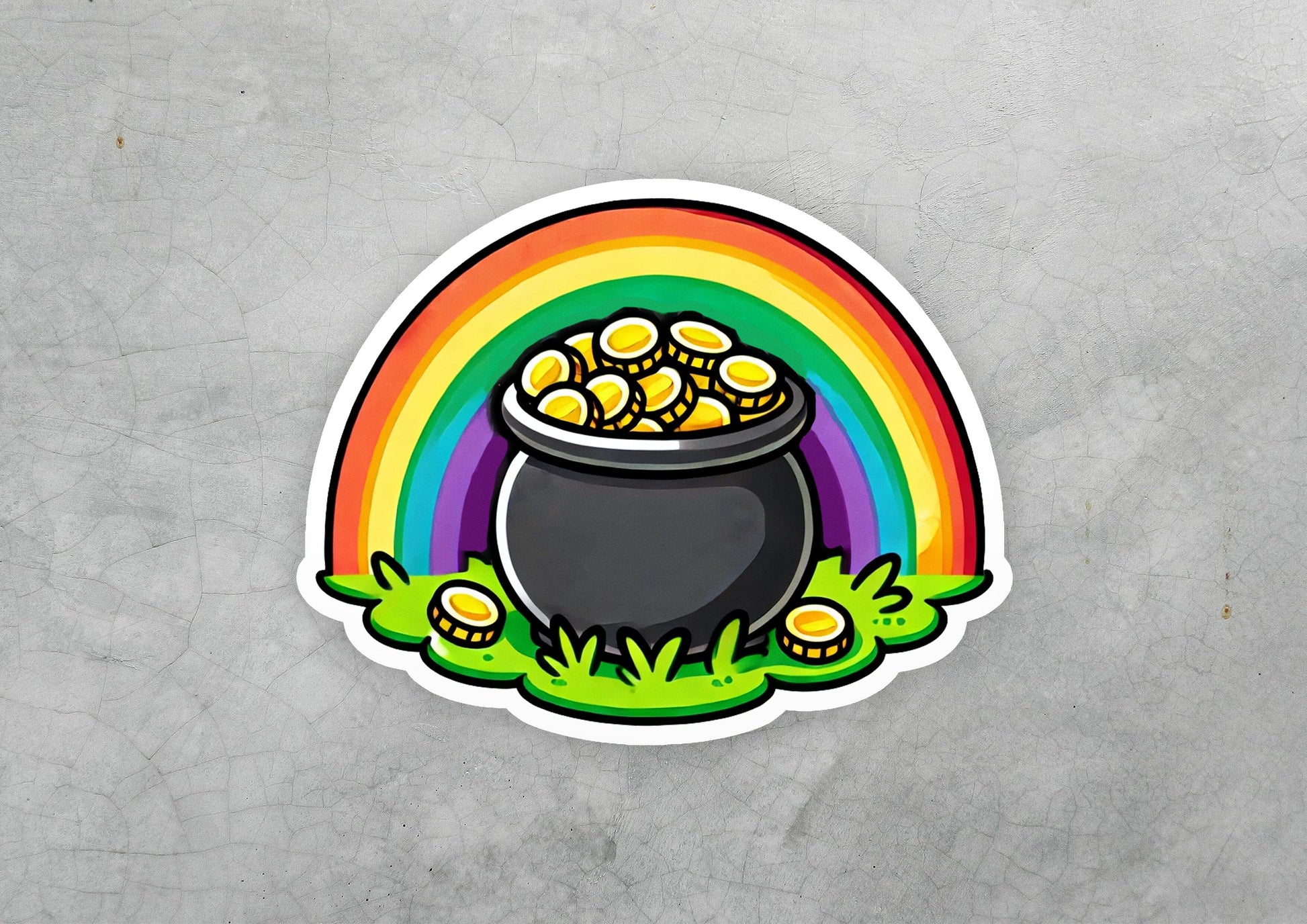 a sticker with a pot of gold coins in front of a rainbow