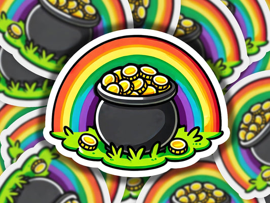 a pot of gold coins sitting on top of a rainbow