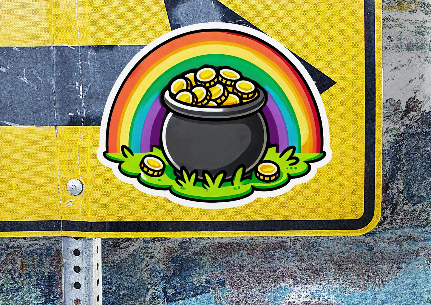 a sticker with a pot of gold coins on it
