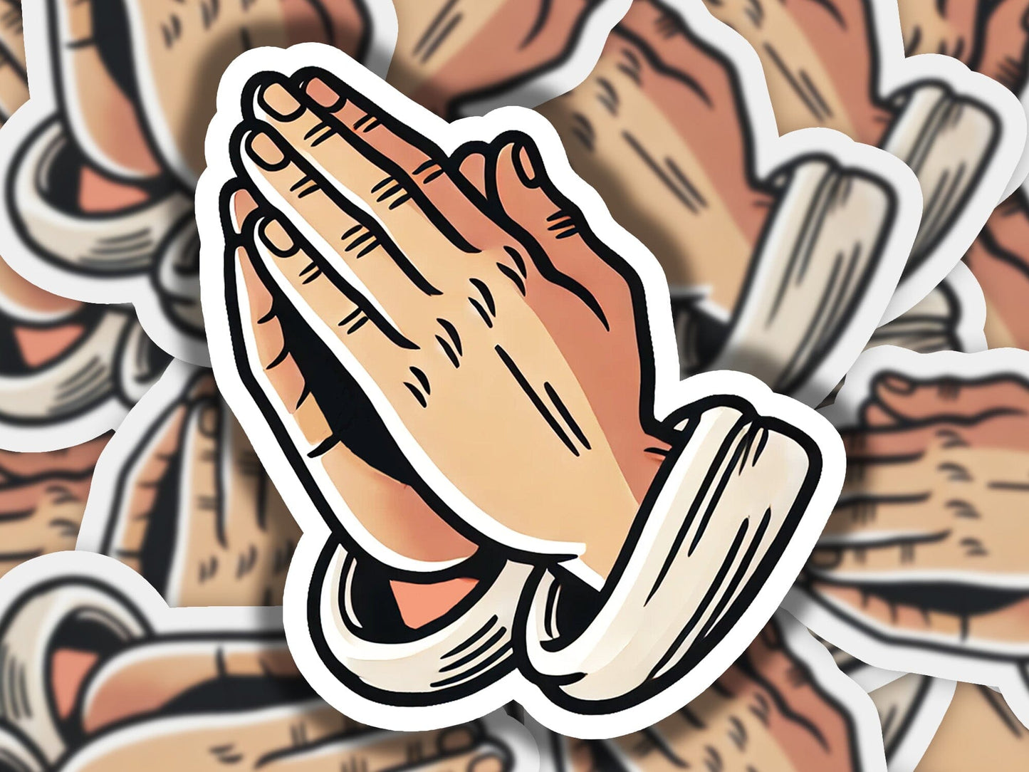 a sticker of a praying hand on a background of stickers