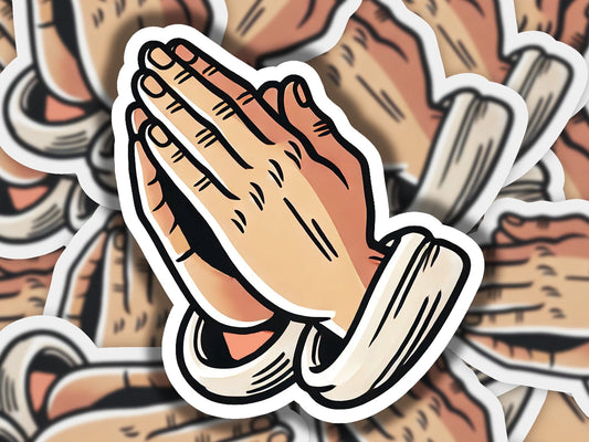 a sticker of a praying hand on a background of stickers