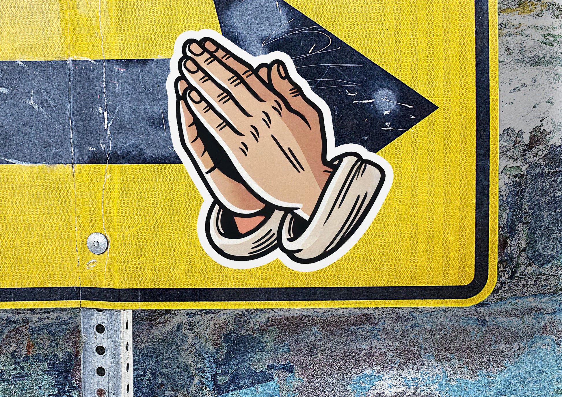a sticker of a praying hand on a street sign