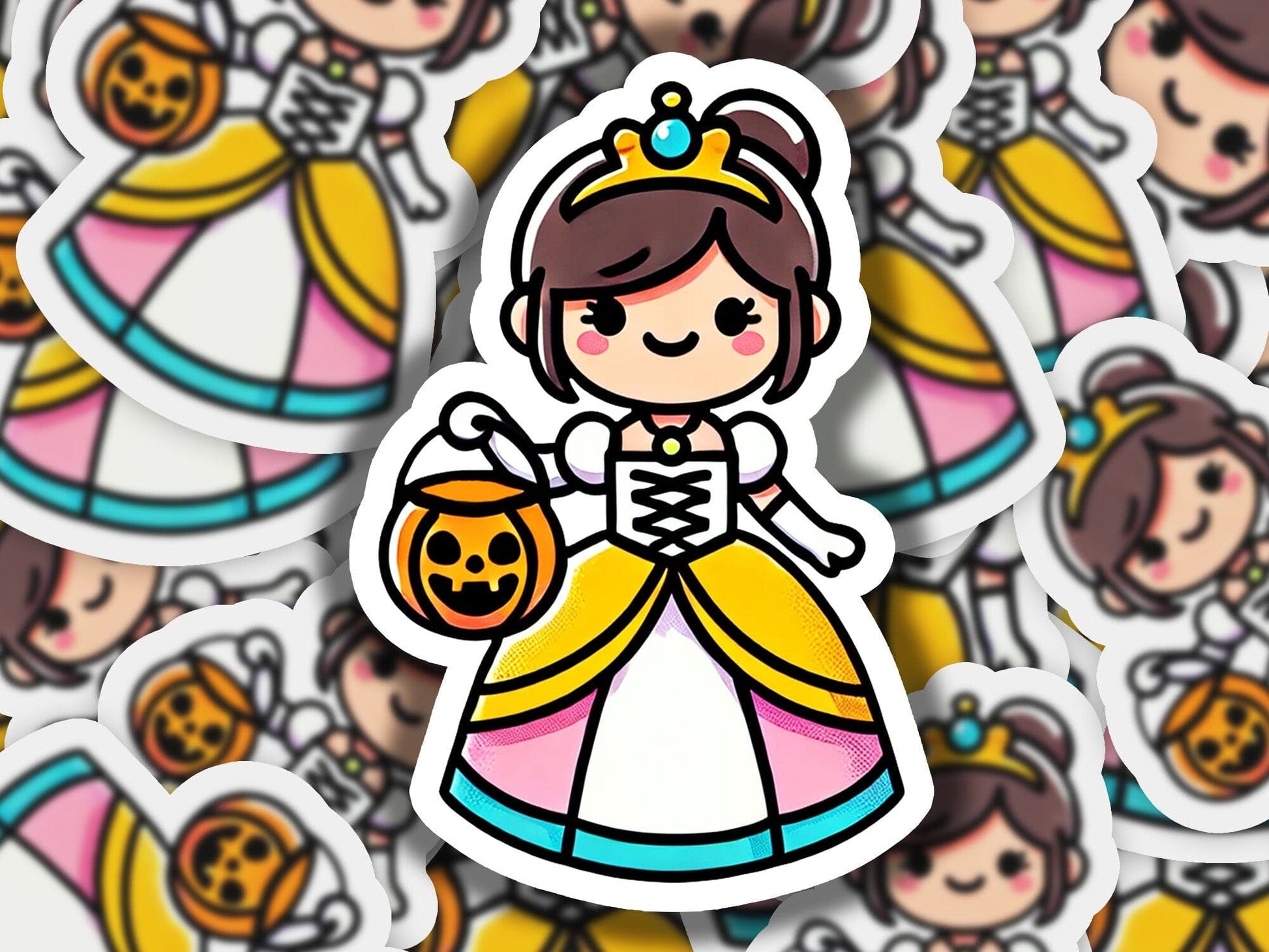 a sticker of a princess holding a pumpkin