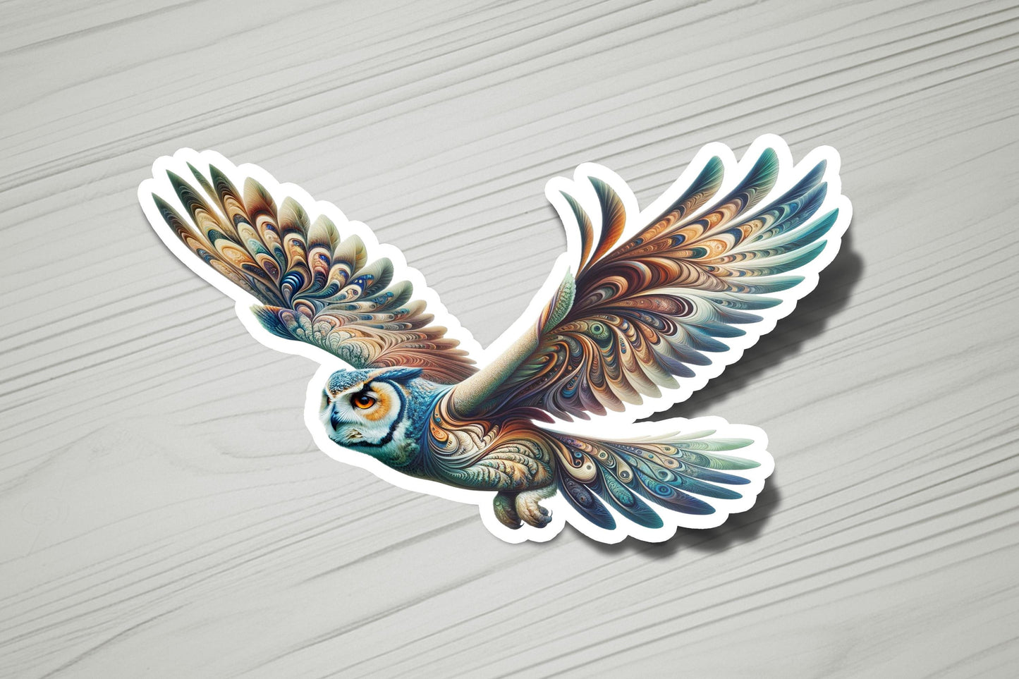 a sticker of an owl flying on a table