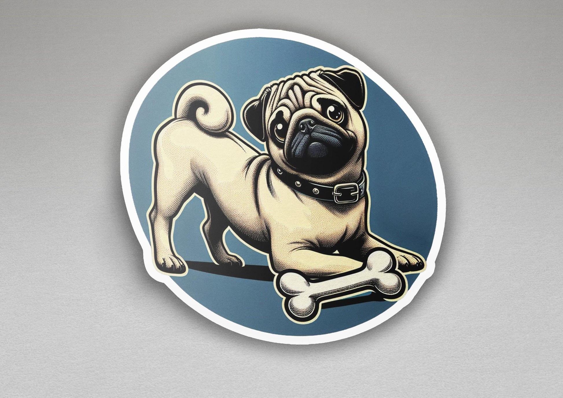 a sticker of a pug dog with a bone in its mouth
