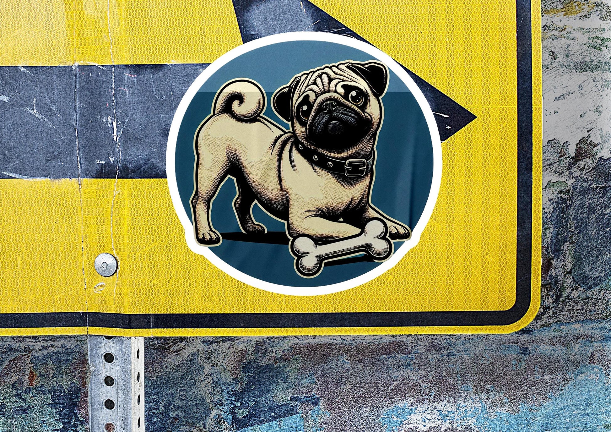 a sticker of a pug dog with a bone in its mouth