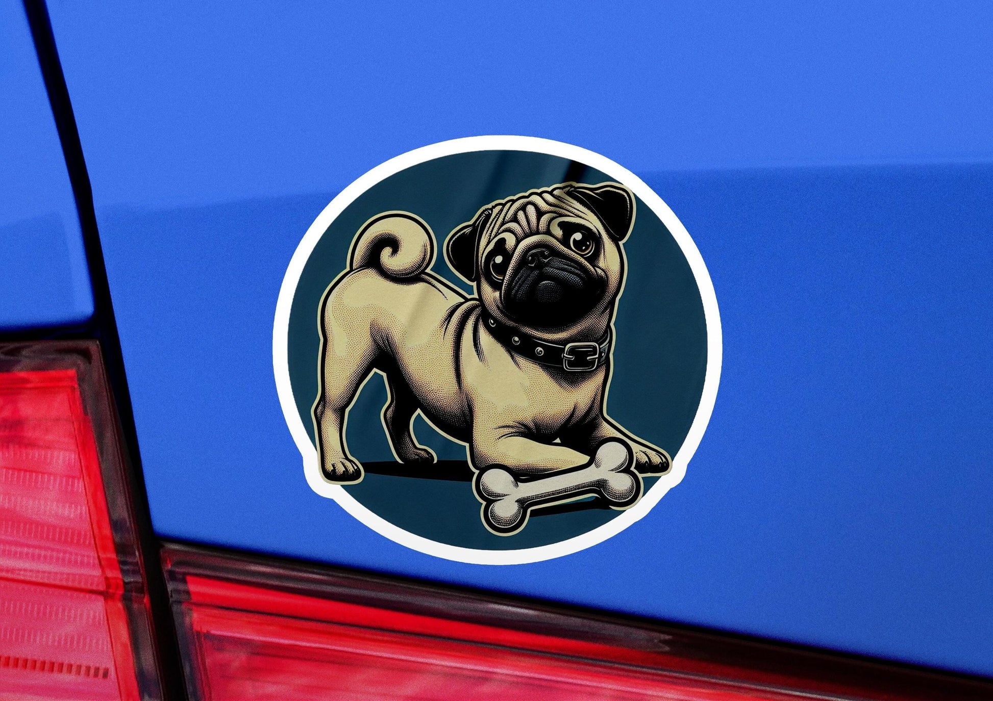 a sticker of a pug dog with a bone in it&#39;s mouth
